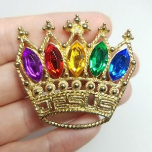 Vintage Rainbow Jesus Crown Lapel Pin Brooch, Gold Tone, Pride King Queen